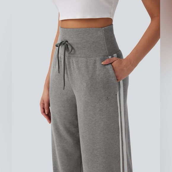 Halara Ribbed High Waisted Tummy Control Drawstring Wide Leg Gray Trousers - Picture 3 of 11